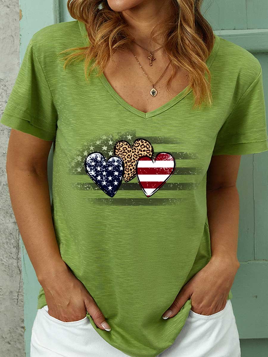Lilicloth X Y Patriotic Leopard Flag Women’s Cotton Casual V Neck T-Shirt