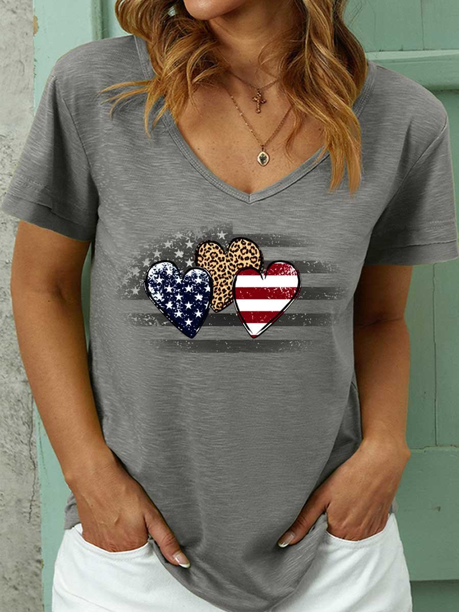 Lilicloth X Y Patriotic Leopard Flag Women’s Cotton Casual V Neck T-Shirt