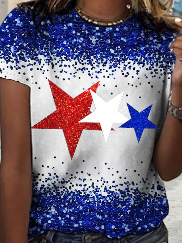 Women's Star Glitter Independence Day Crew Neck Loose T-Shirt