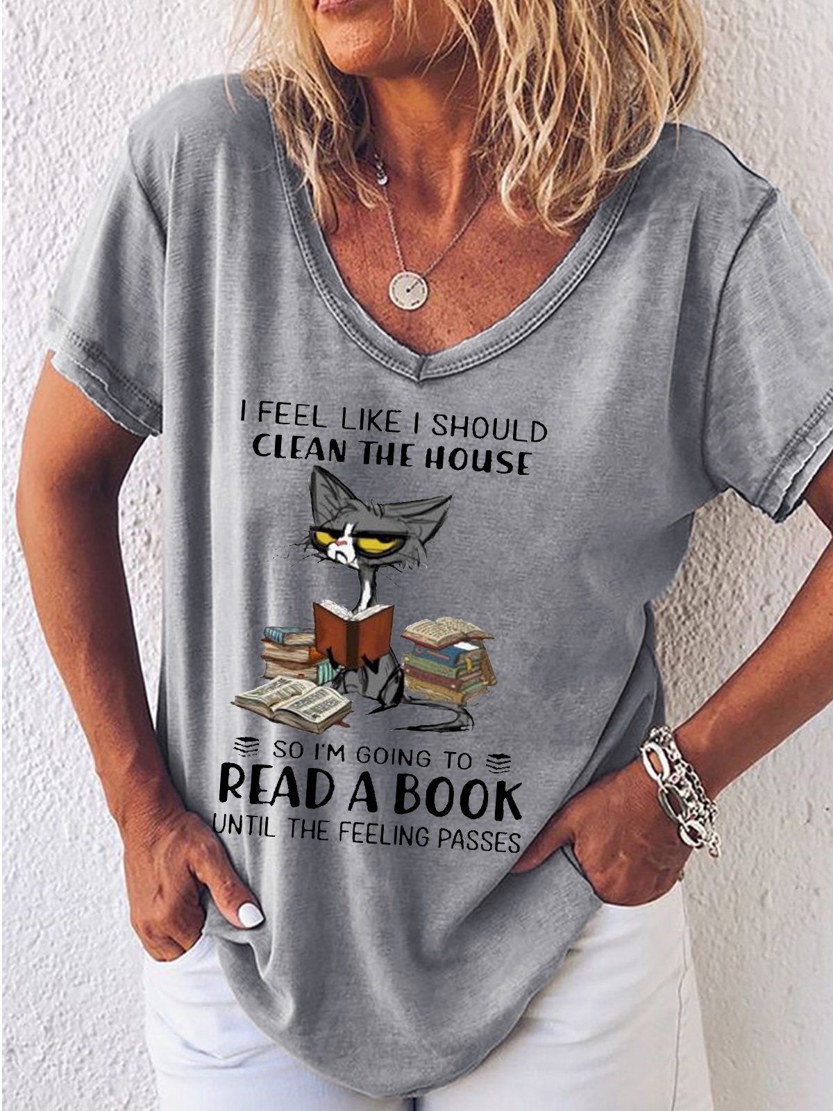 Women's Reading Lover Cat Print Crew Neck Casual T-Shirt