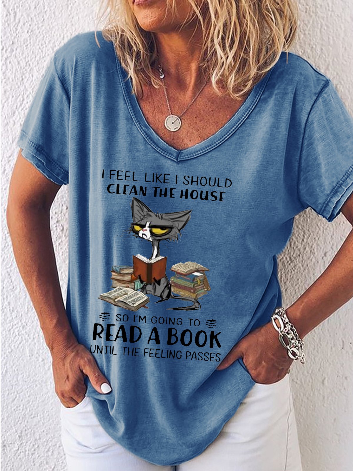 Women's Reading Lover Cat Print Crew Neck Casual T-Shirt