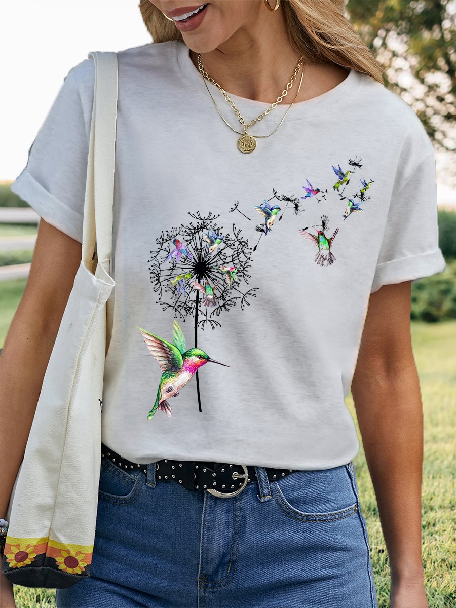 Women's Bird Hummingbird Dandelion Flowers Casual T-Shirt
