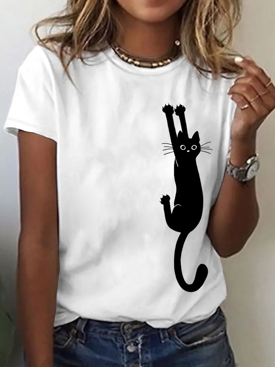 Women's Black Cat Holding On Print Casual T-Shirt