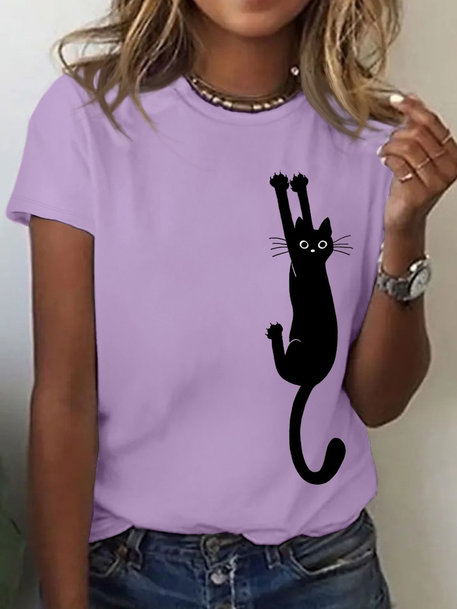 Women's Black Cat Holding On Print Casual T-Shirt