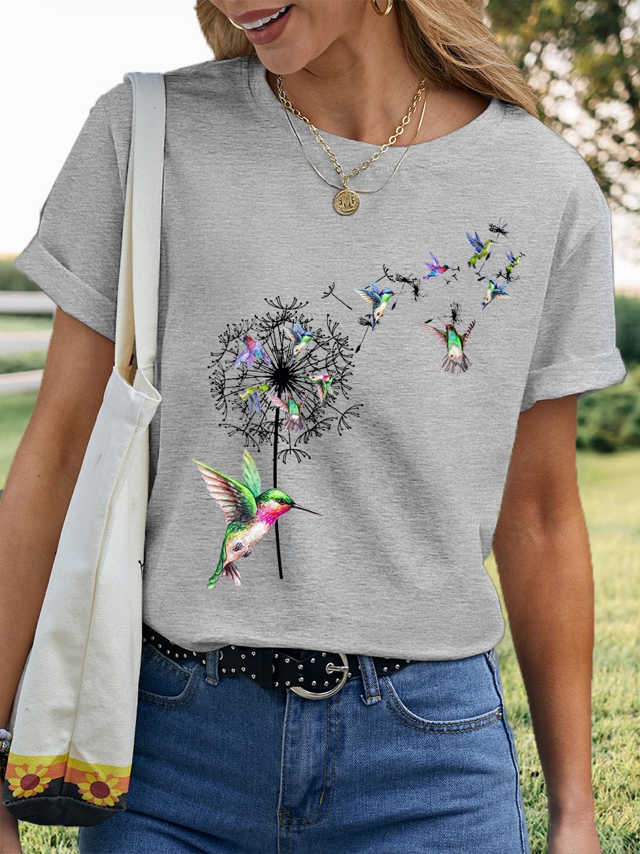 Women's Bird Hummingbird Dandelion Flowers Casual T-Shirt