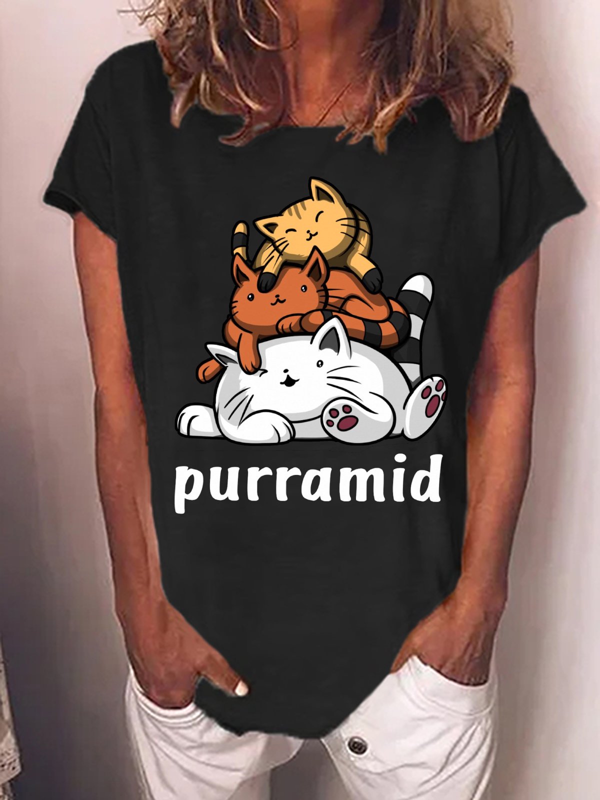 Women's Funny Purramid Cute Cat Graphic Printing Casual Crew Neck Cotton-Blend T-Shirt