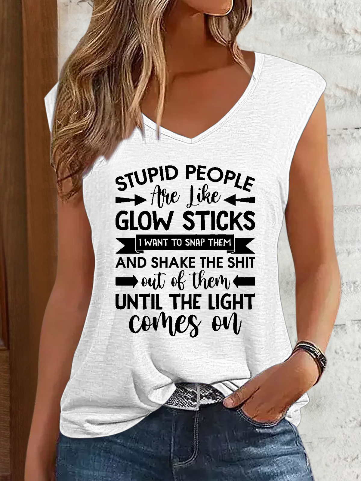 Women's Funny Word Stupid People Are Like Glow Sticks V Neck Regular Fit Tank Top