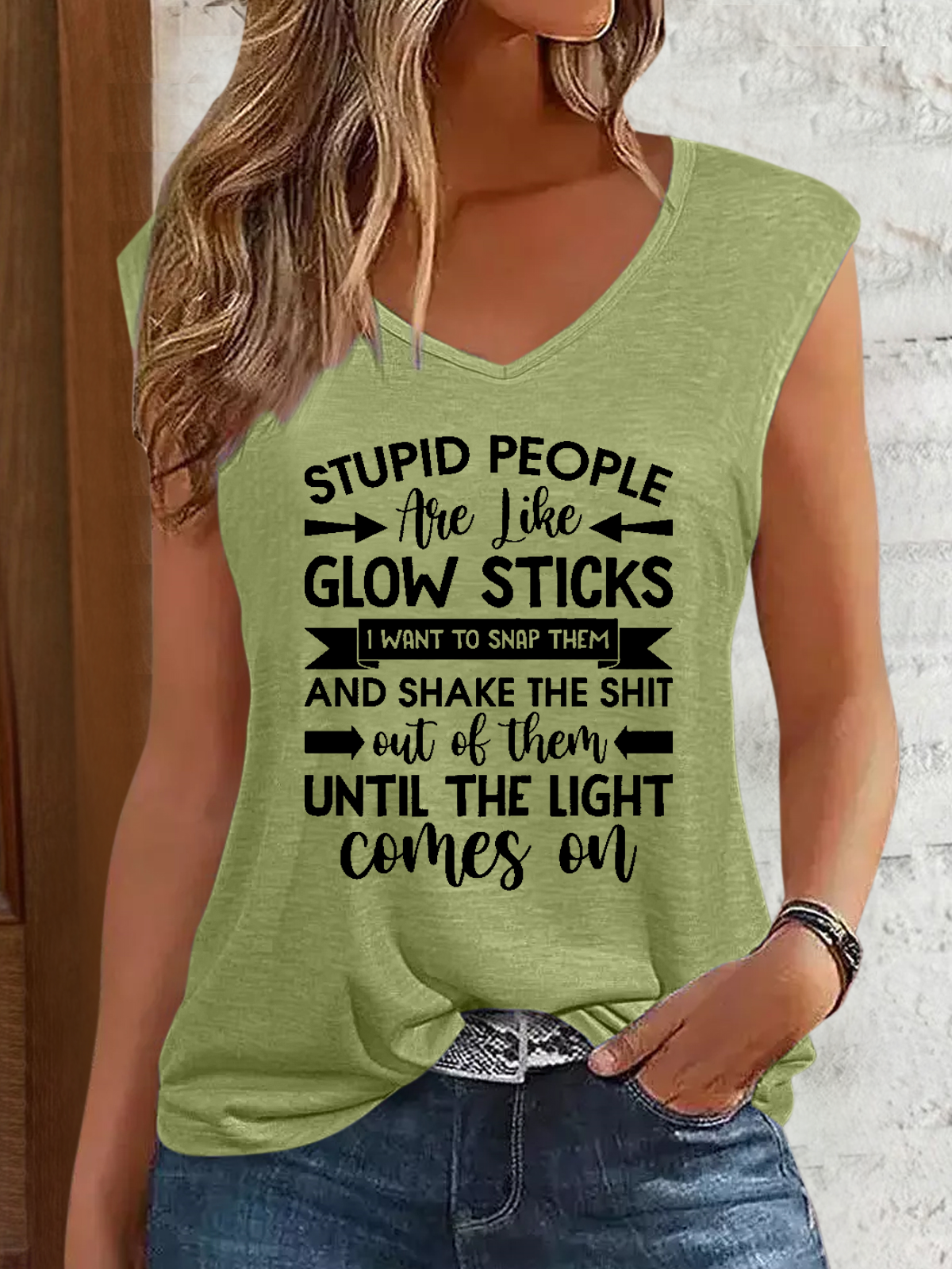 Women's Funny Word Stupid People Are Like Glow Sticks V Neck Regular Fit Tank Top