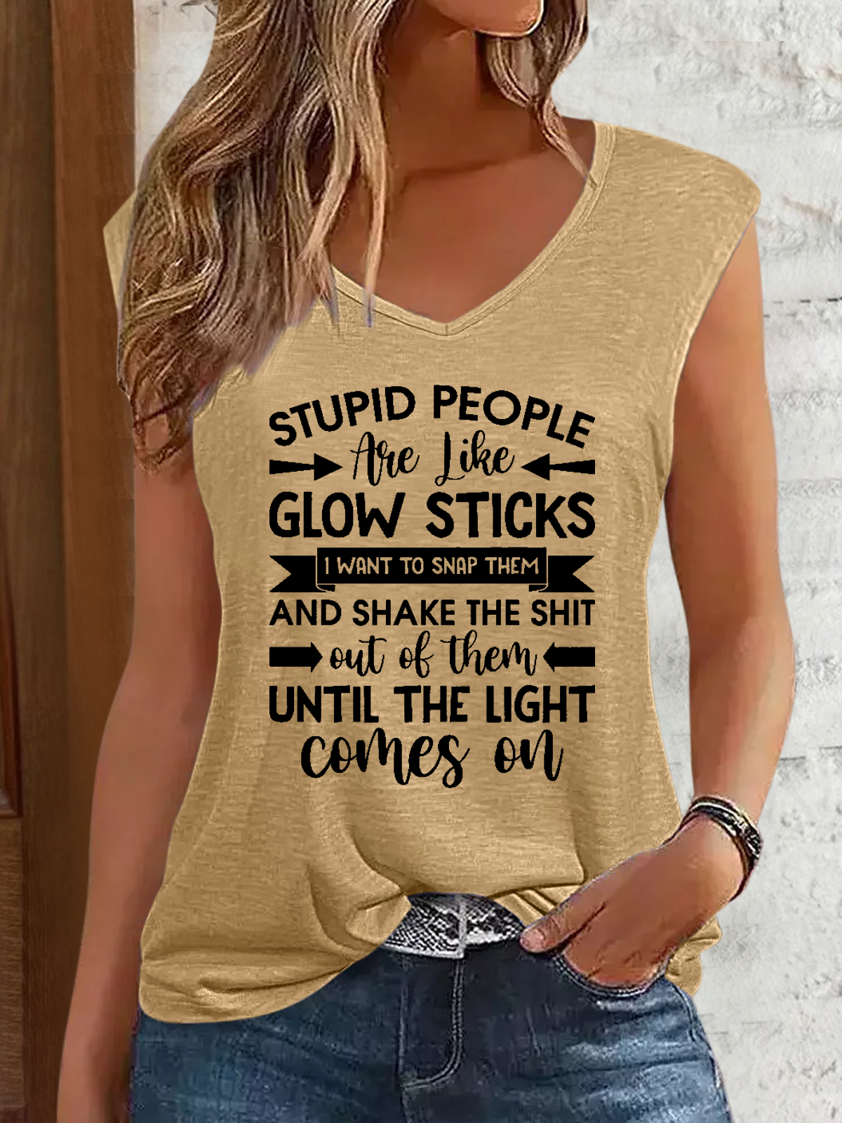 Women's Funny Word Stupid People Are Like Glow Sticks V Neck Regular Fit Tank Top