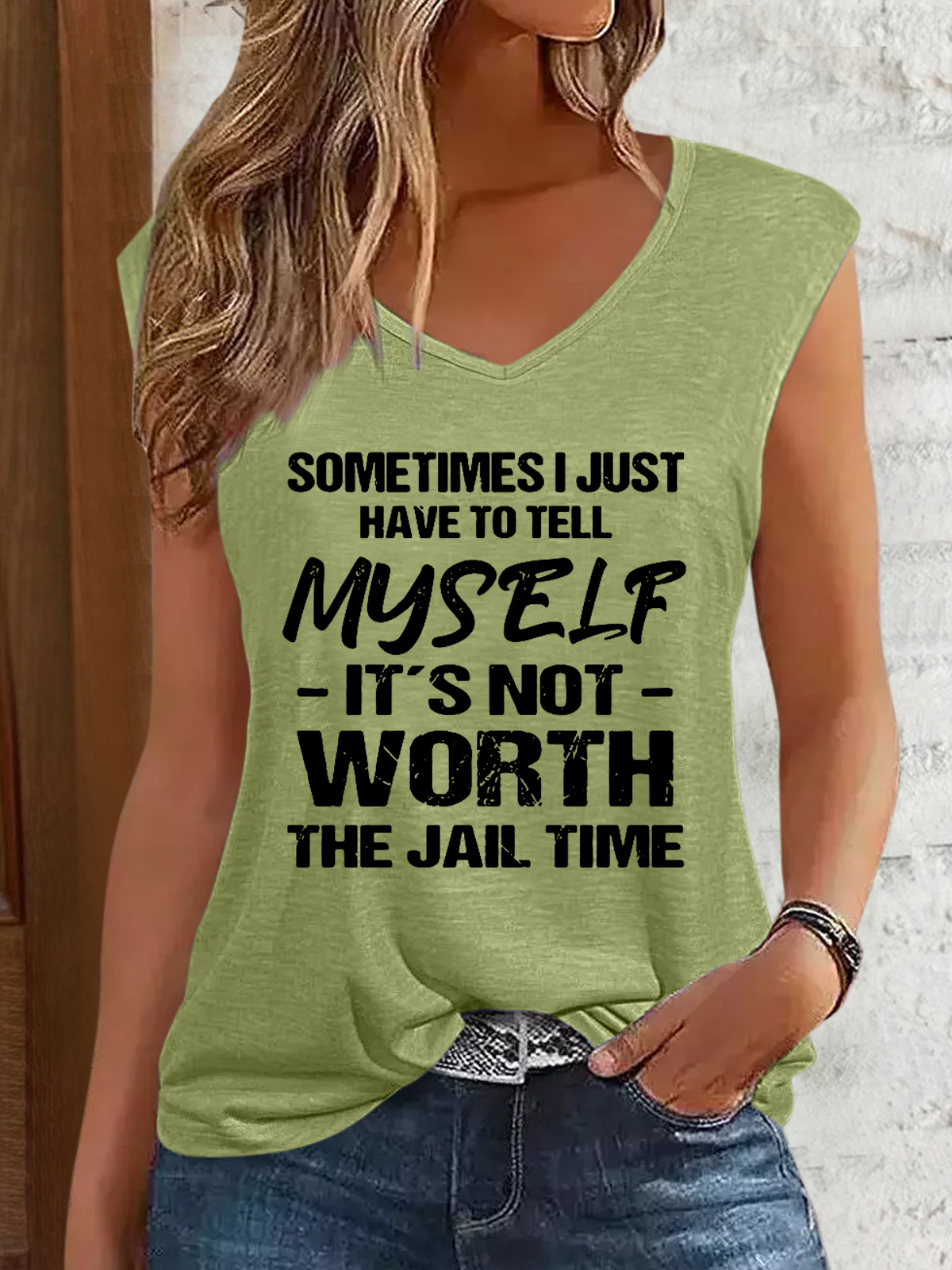 Women's Funny Sometimes I Have To Tell Myself It's Just Not Worth The Jail Time V Neck Text Letters Tank Top
