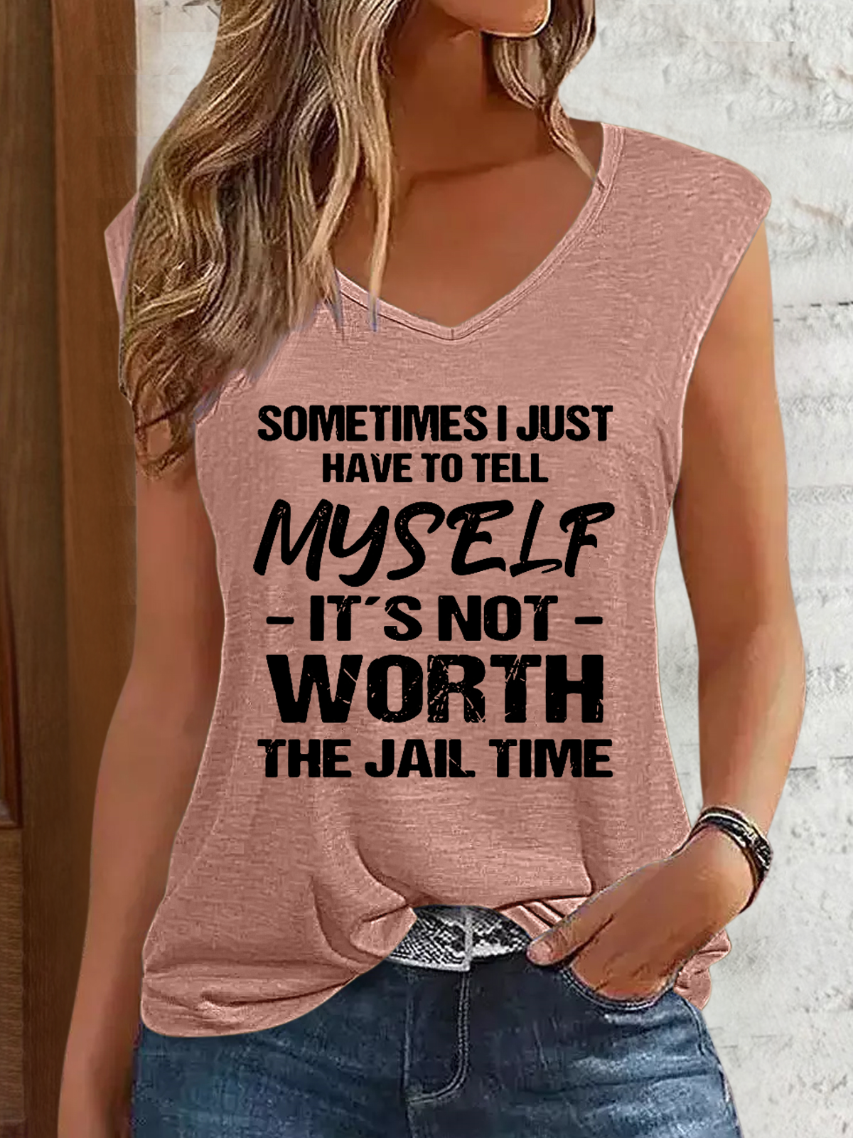 Women's Funny Sometimes I Have To Tell Myself It's Just Not Worth The Jail Time V Neck Text Letters Tank Top