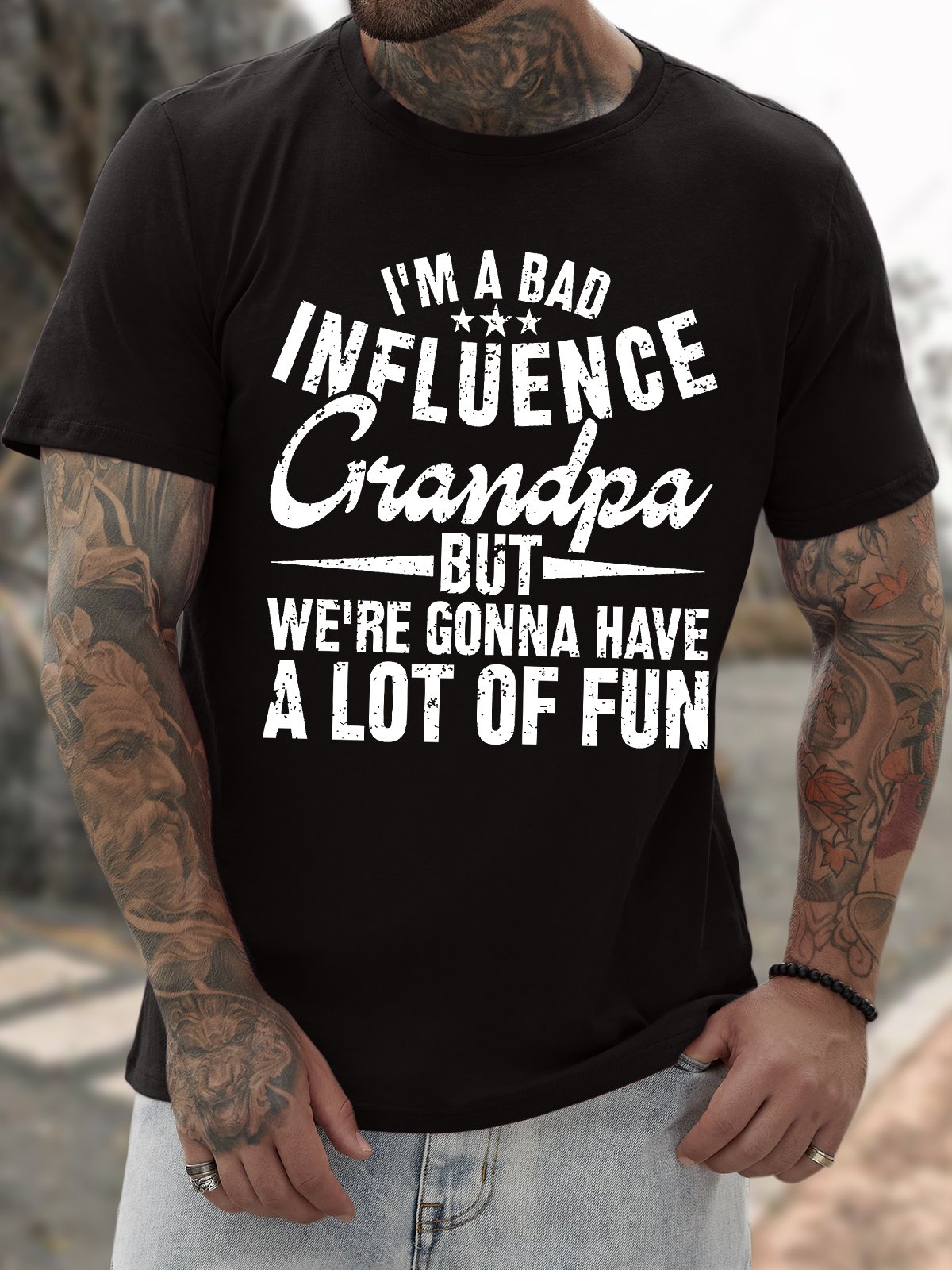 Men's Funny I Am A Bad Influence Grandpa But We Are Gonna Have A Lot Of Fun Graphic Printing Crew Neck Casual Cotton Text Letters T-Shirt