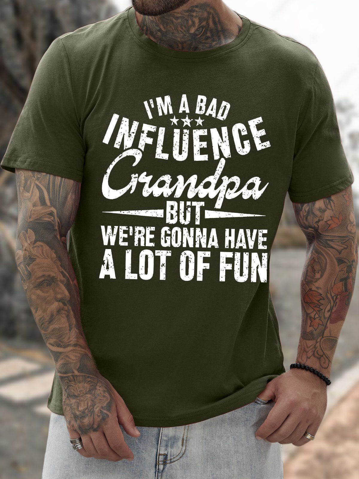 Men's Funny I Am A Bad Influence Grandpa But We Are Gonna Have A Lot Of Fun Graphic Printing Crew Neck Casual Cotton Text Letters T-Shirt