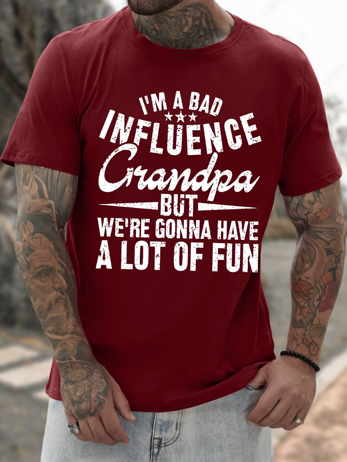 Men's Funny I Am A Bad Influence Grandpa But We Are Gonna Have A Lot Of Fun Graphic Printing Crew Neck Casual Cotton Text Letters T-Shirt