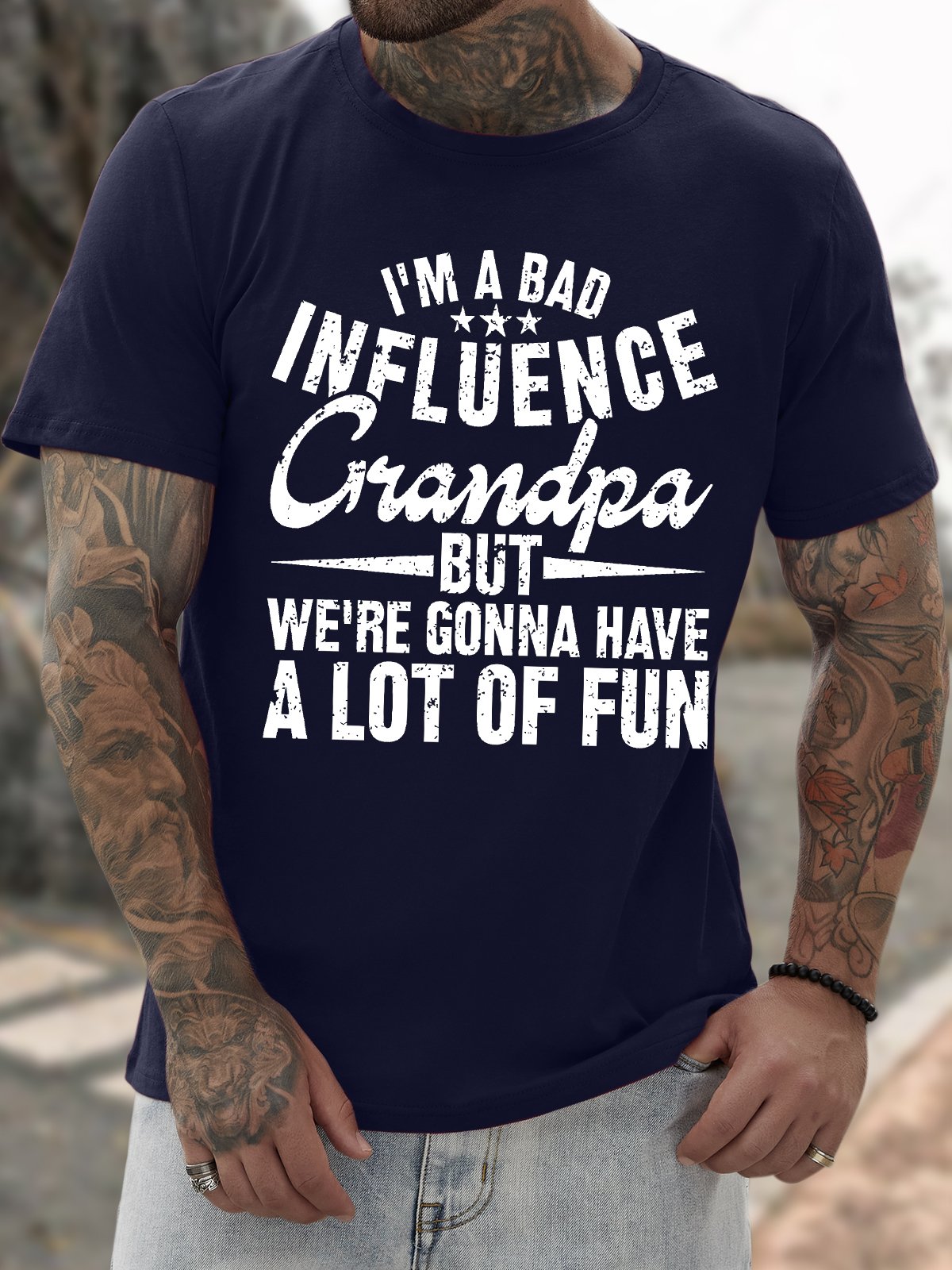 Men's Funny I Am A Bad Influence Grandpa But We Are Gonna Have A Lot Of Fun Graphic Printing Crew Neck Casual Cotton Text Letters T-Shirt