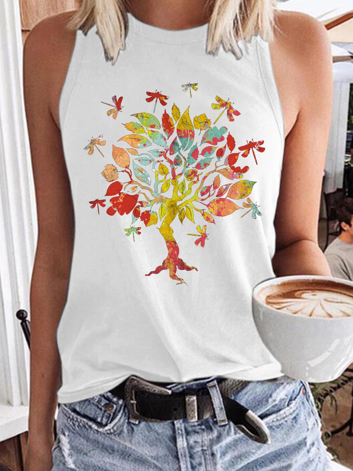 Women's Casual Crew Neck Dragonfly Tree Retro Tank Top