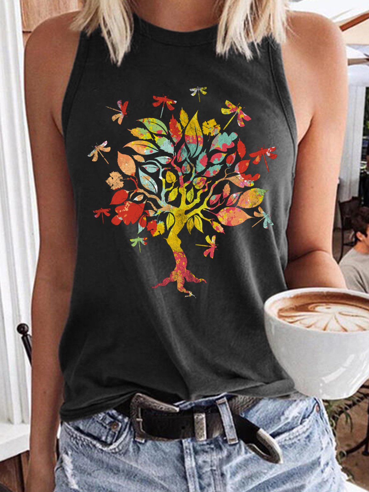 Women's Casual Crew Neck Dragonfly Tree Retro Tank Top