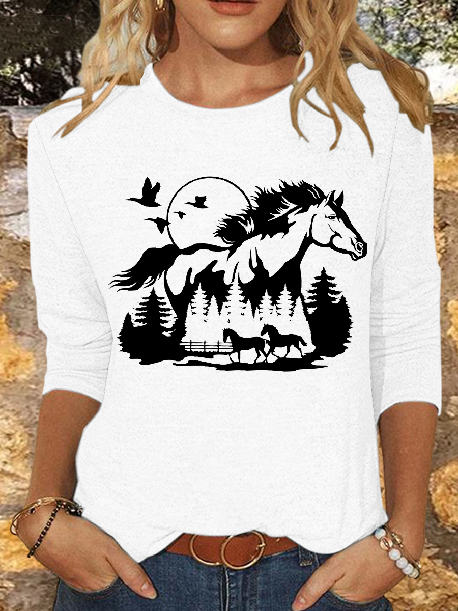 Women's Horse Lover Casual Crew Neck Cotton-Blend Shirt