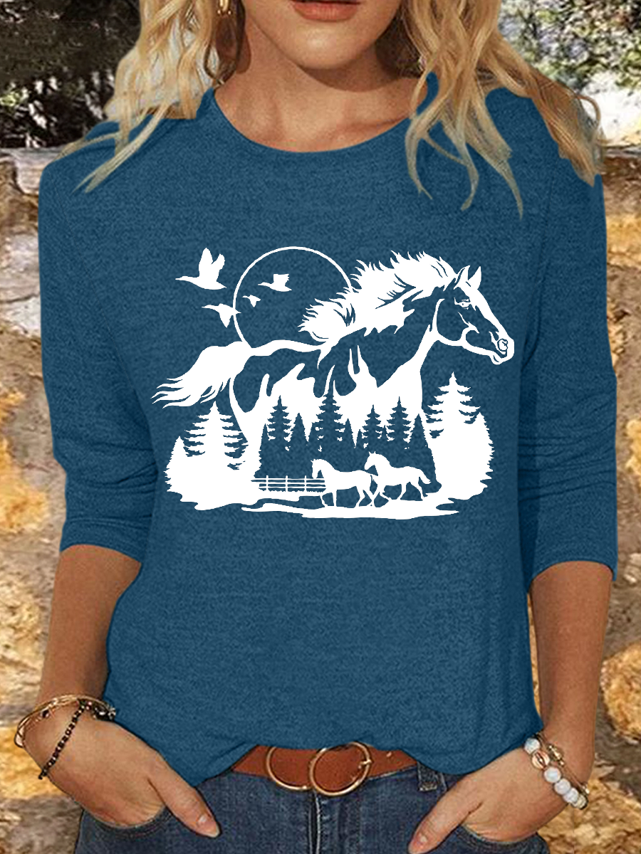Women's Horse Lover Casual Crew Neck Cotton-Blend Shirt