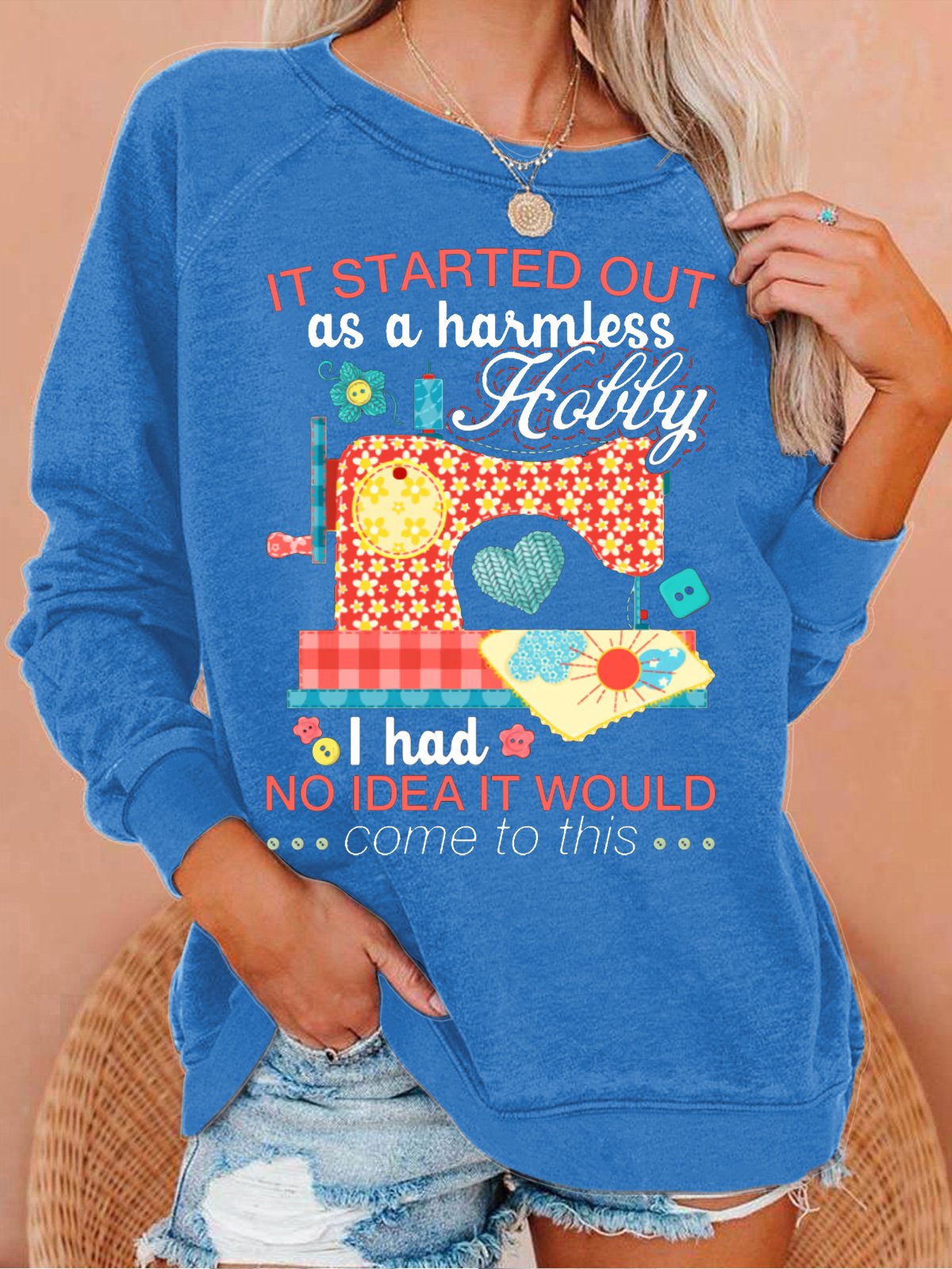 Women's Sewing Lover Tee It Started Out As A Harmless Hobby Quilting Crew Neck Letters Casual Sweatshirt