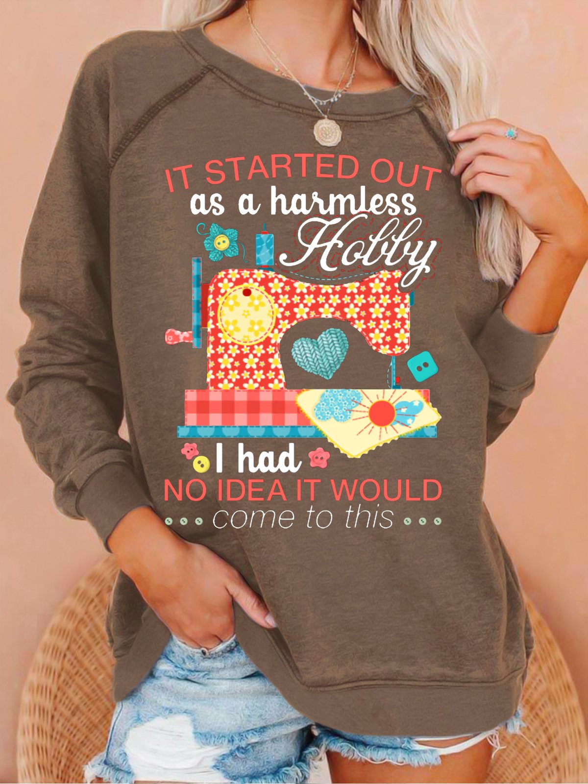 Women's Sewing Lover Tee It Started Out As A Harmless Hobby Quilting Crew Neck Letters Casual Sweatshirt