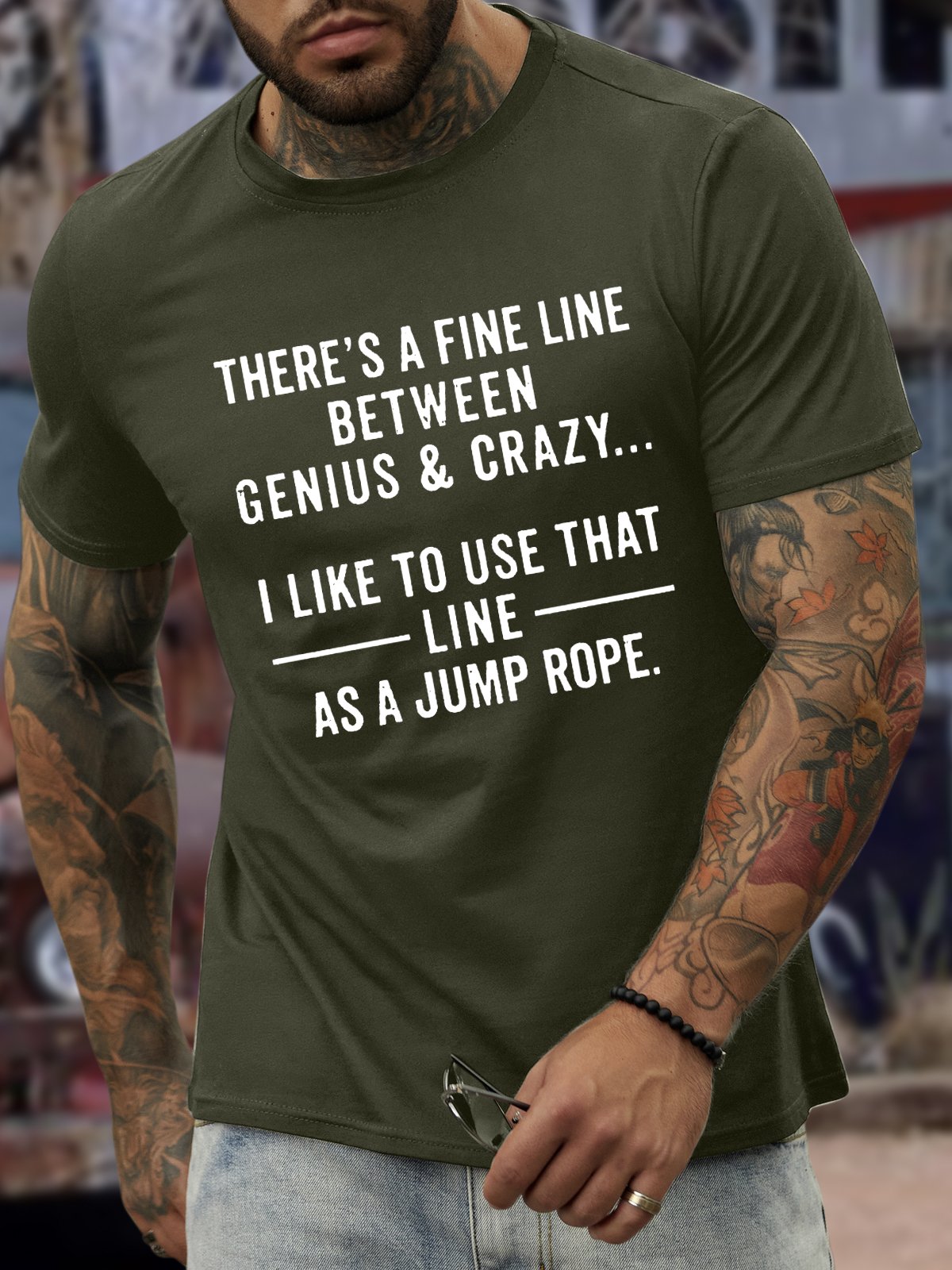 Men’s There's A Fine Line Between Genius & Crazy I Like To Use That Line As A Jump Rope Cotton Casual T-Shirt