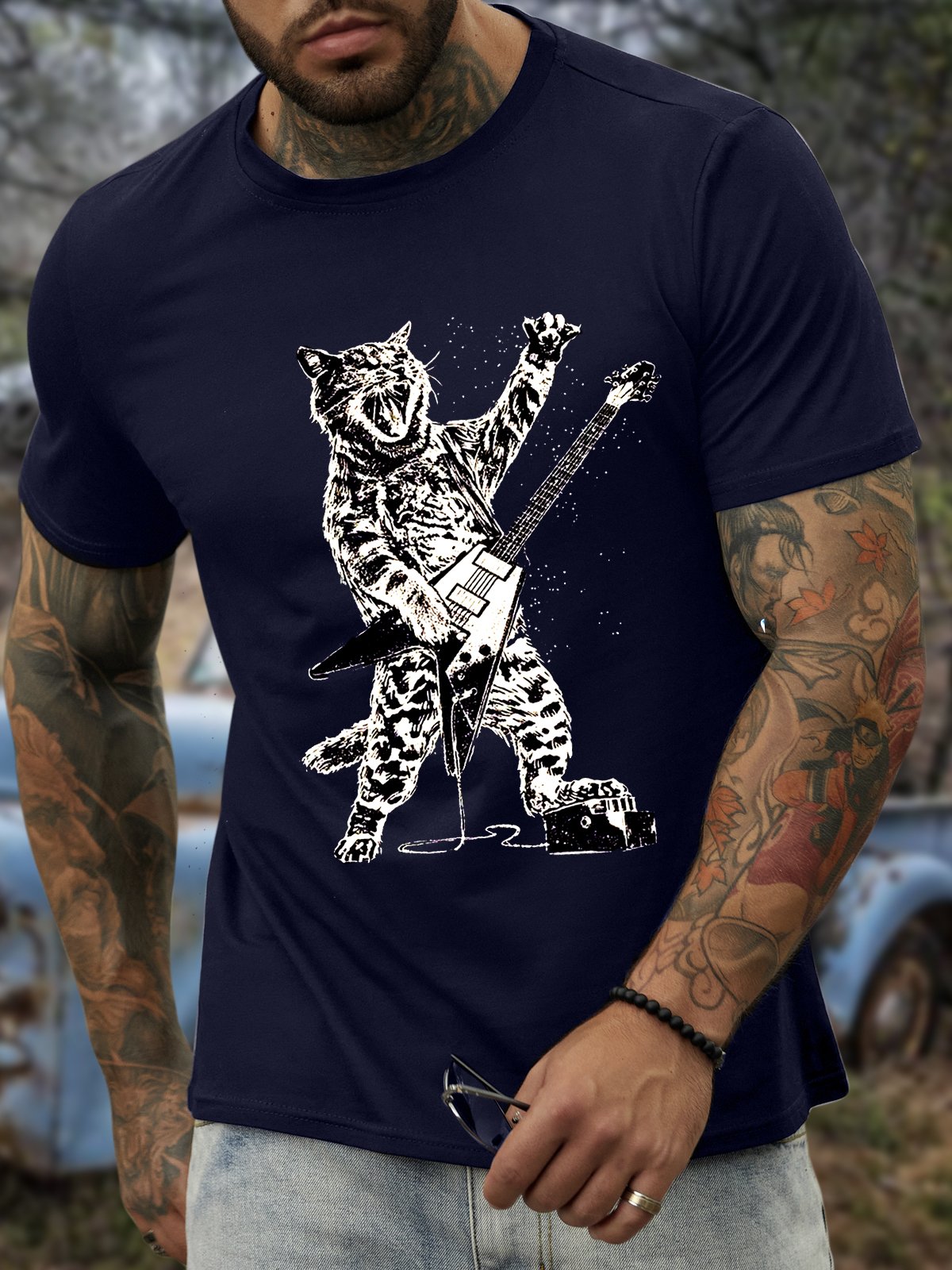 Men’s Rock Cat Animal Casual Crew Neck T-Shirt