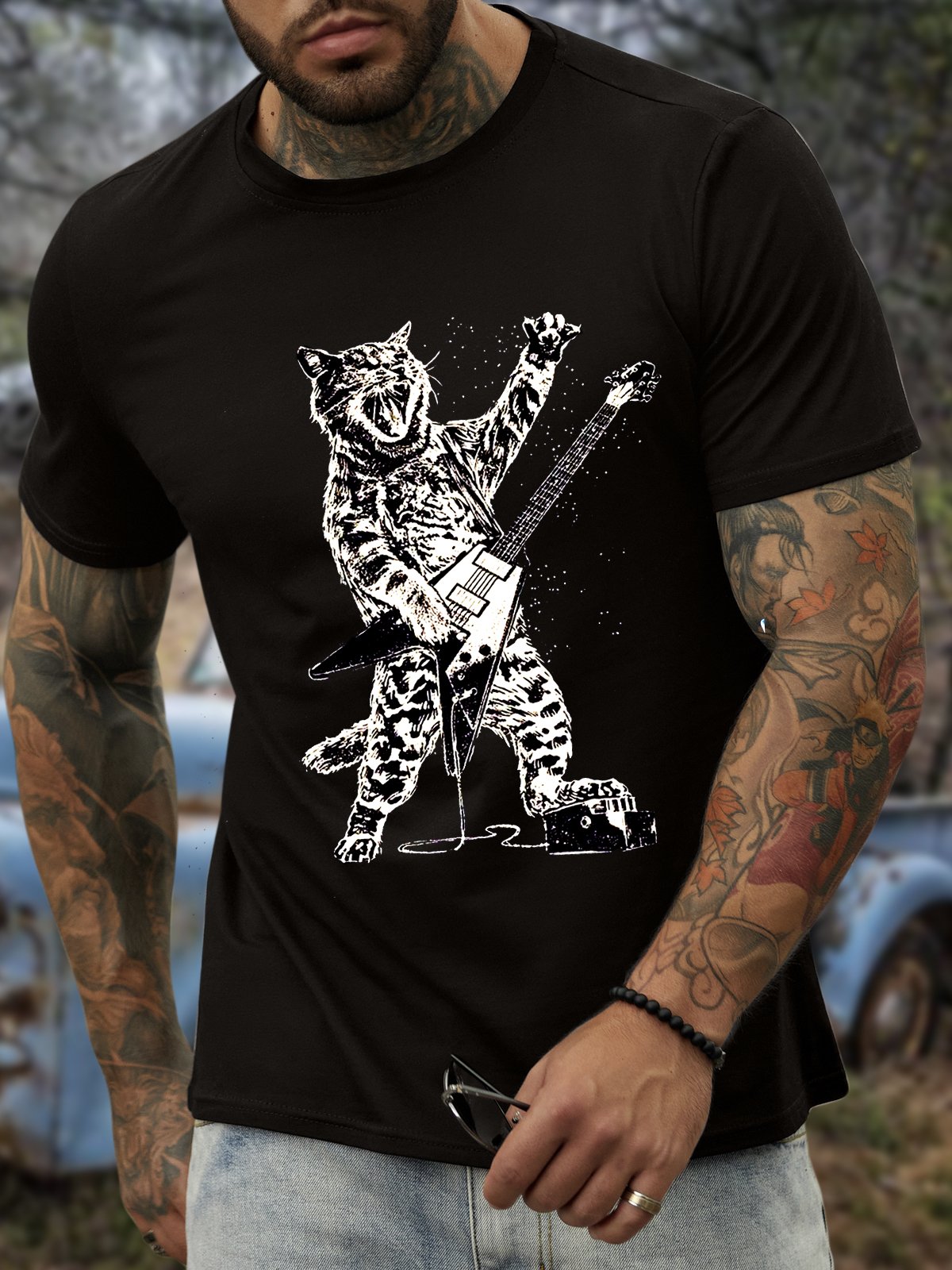 Men’s Rock Cat Animal Casual Crew Neck T-Shirt