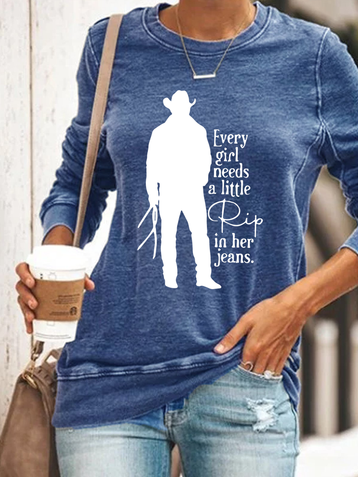 Women‘s Funny Word Every Girl Needs A Little Rip In Her Jeans Text Letters Sweatshirt