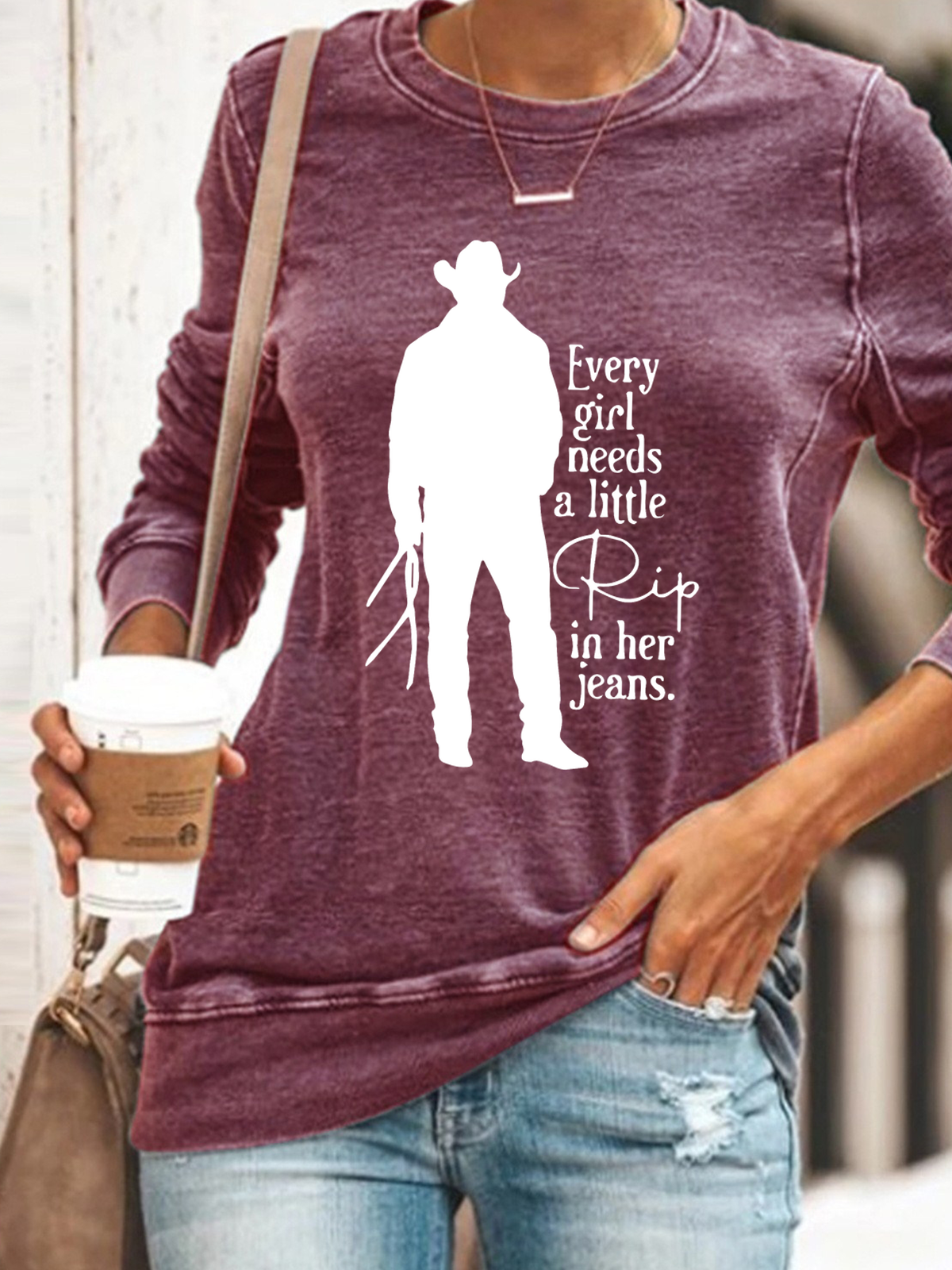 Women‘s Funny Word Every Girl Needs A Little Rip In Her Jeans Text Letters Sweatshirt