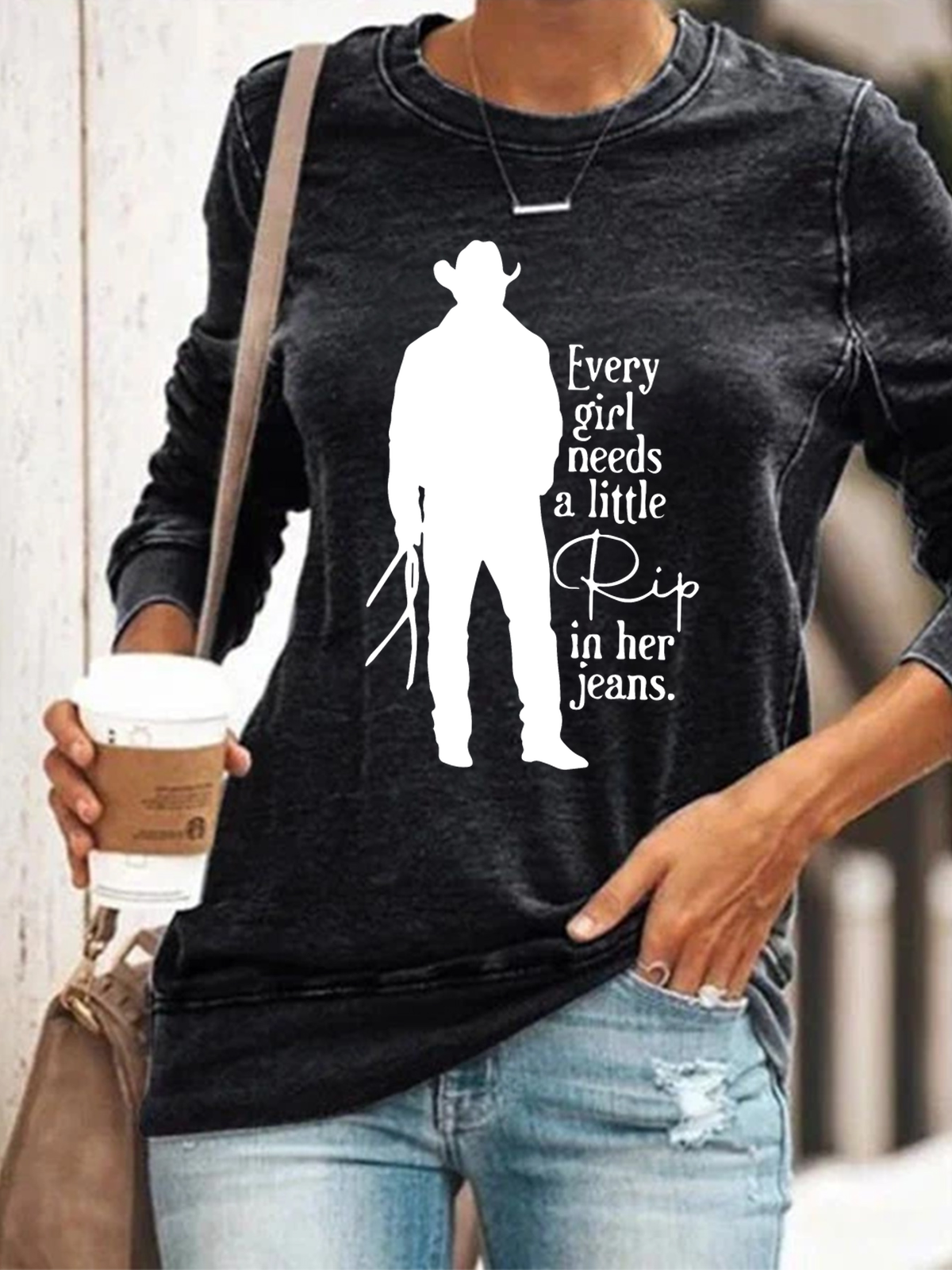 Women‘s Funny Word Every Girl Needs A Little Rip In Her Jeans Text Letters Sweatshirt
