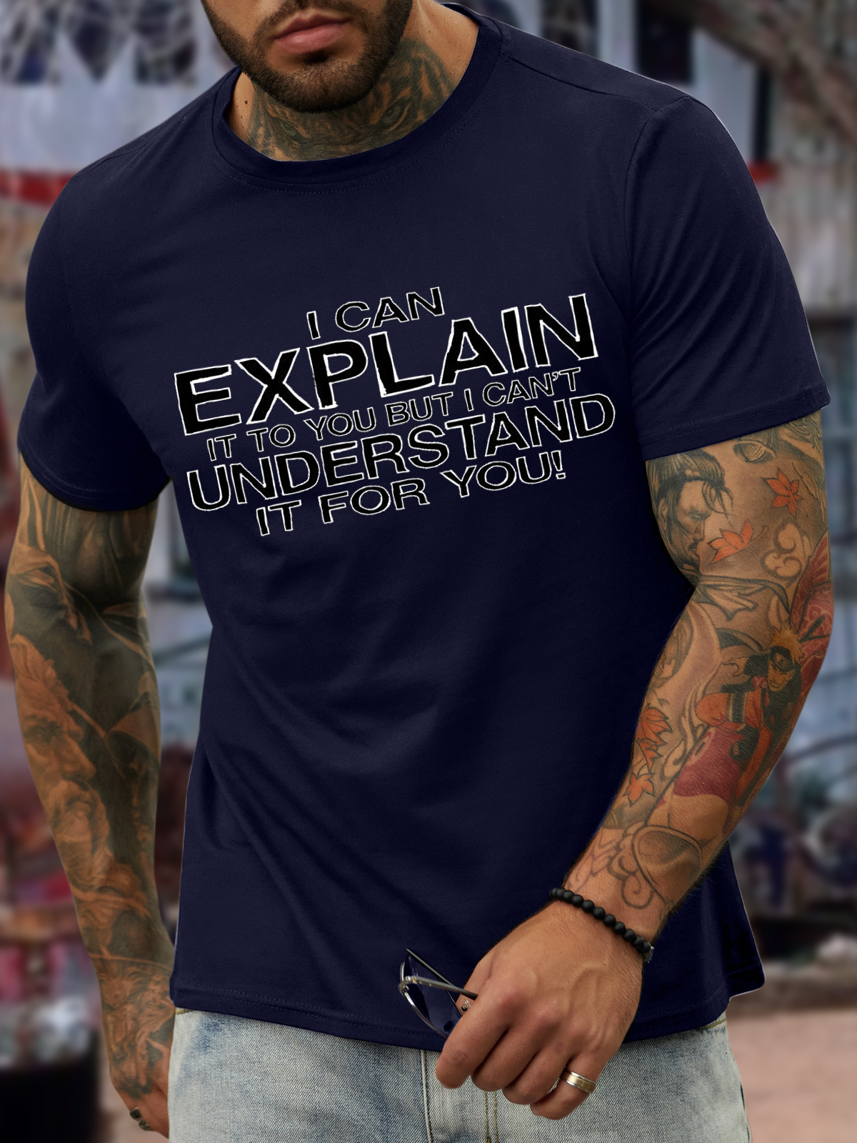 Men's I can explain but I can't understand for you Cotton-Blend Casual Loose Text Letters T-Shirt