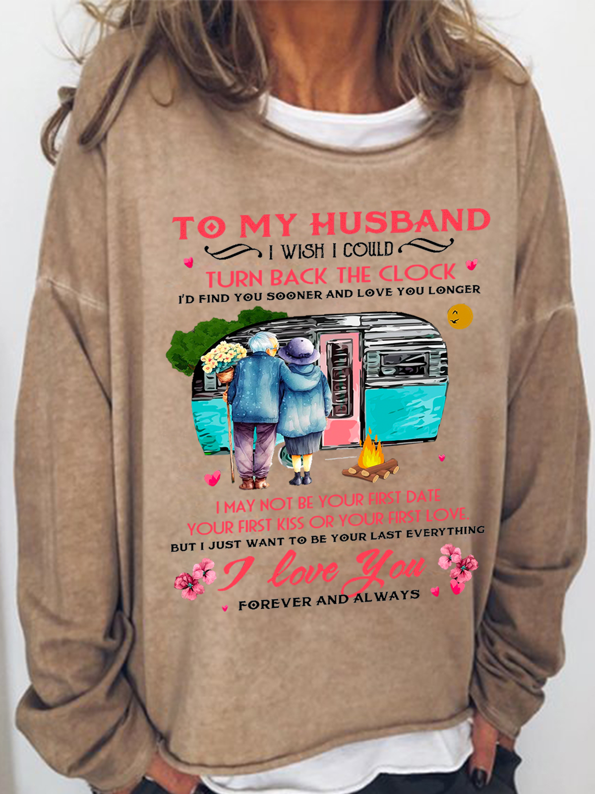 Women's Funny Word To My Husband I Wish I Could Turn Back The Clock Text Letters Casual Crew Neck Sweatshirt
