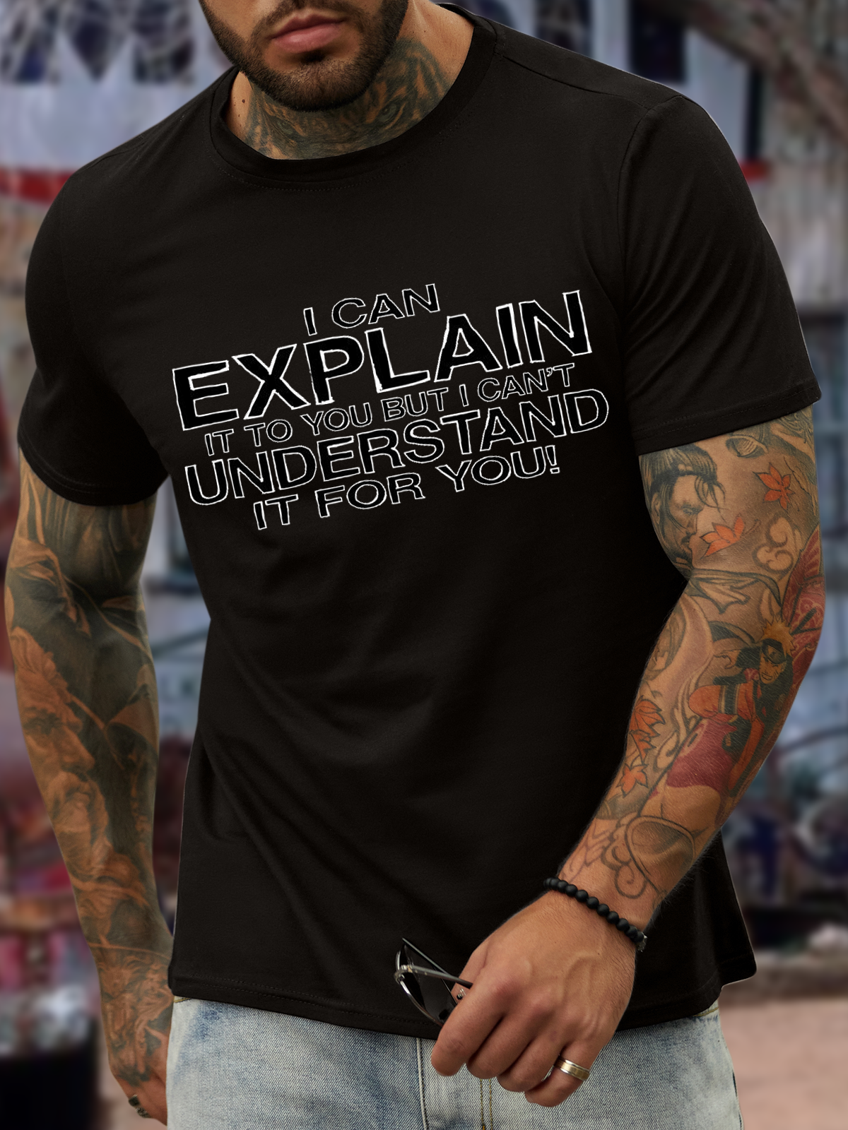 Men's I can explain but I can't understand for you Cotton-Blend Casual Loose Text Letters T-Shirt
