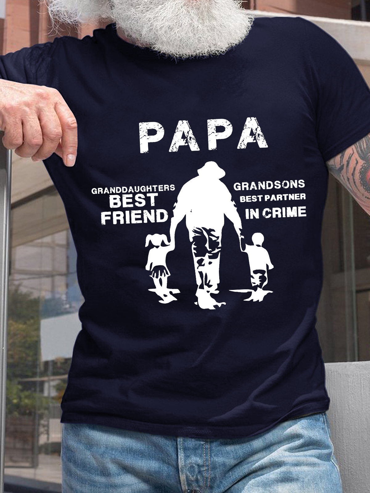 Men's Papa, Granddaughters Best Friend, Grandsons Best Partner In Crime Cotton Casual Crew Neck Text Letters T-Shirt