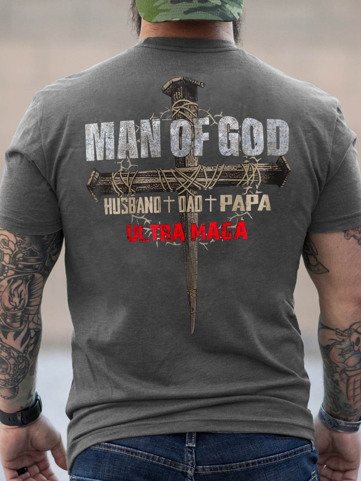 Man of God - Husband Dad Papa - Ultra MAGA Crew Neck Cotton Casual Text Letters T-Shirt