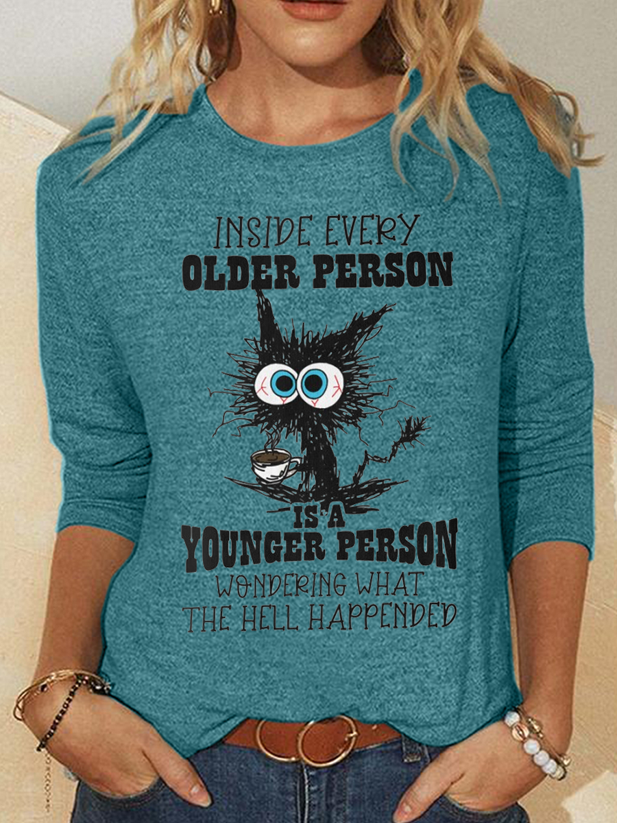 Funny Cat Old Person Casual Crew Neck Long Sleeve Shirt