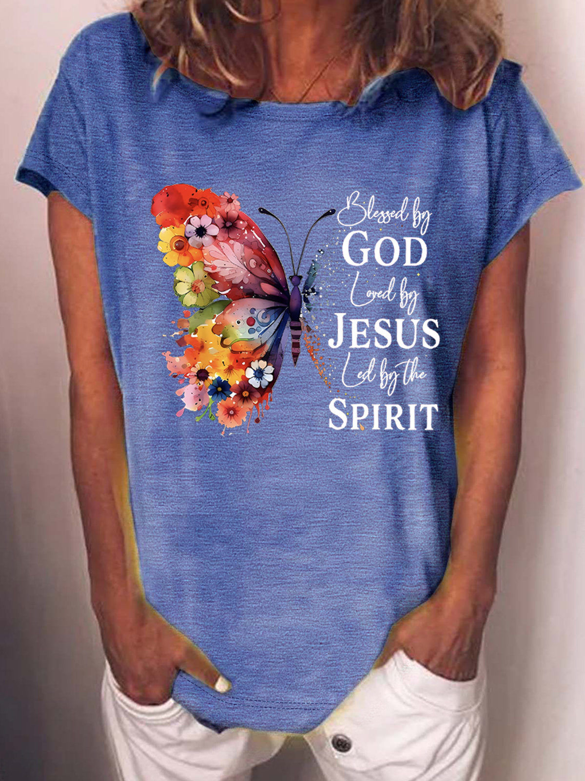 Blessed By God Loved By Jesus Led By The Spirit Casual Butterfly Casual T-Shirt