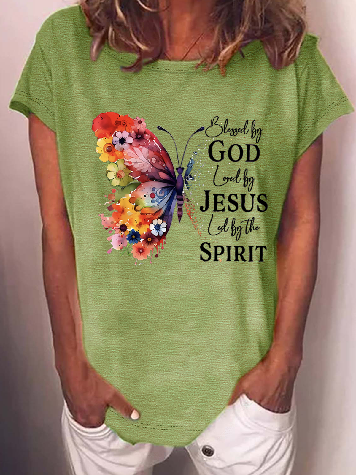 Blessed By God Loved By Jesus Led By The Spirit Casual Butterfly Casual T-Shirt
