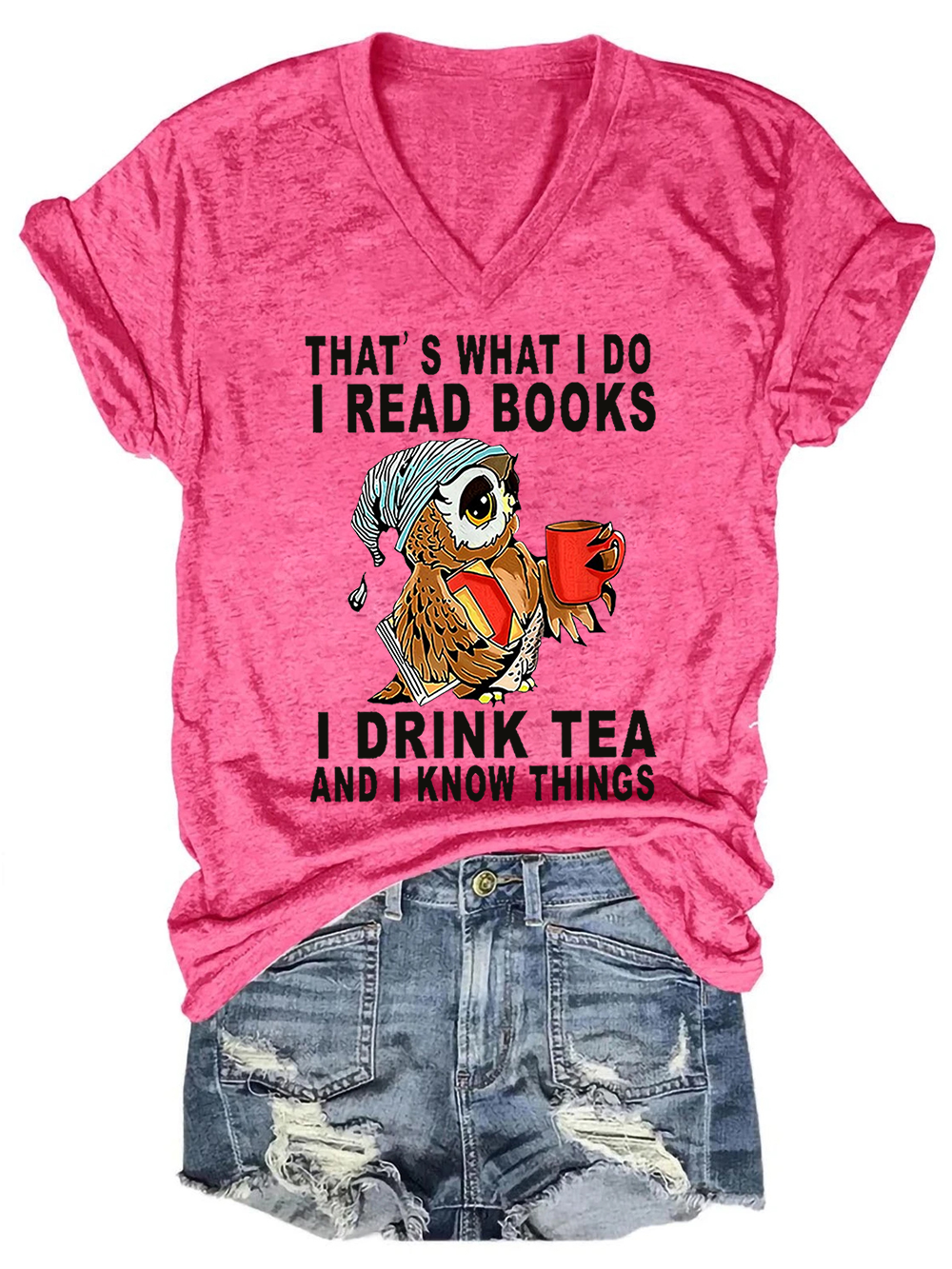Women Owl That’s What I Do I Read Books I Drink Tea And I Know Things Vintage Cotton-Blend V Neck Animal T-Shirt