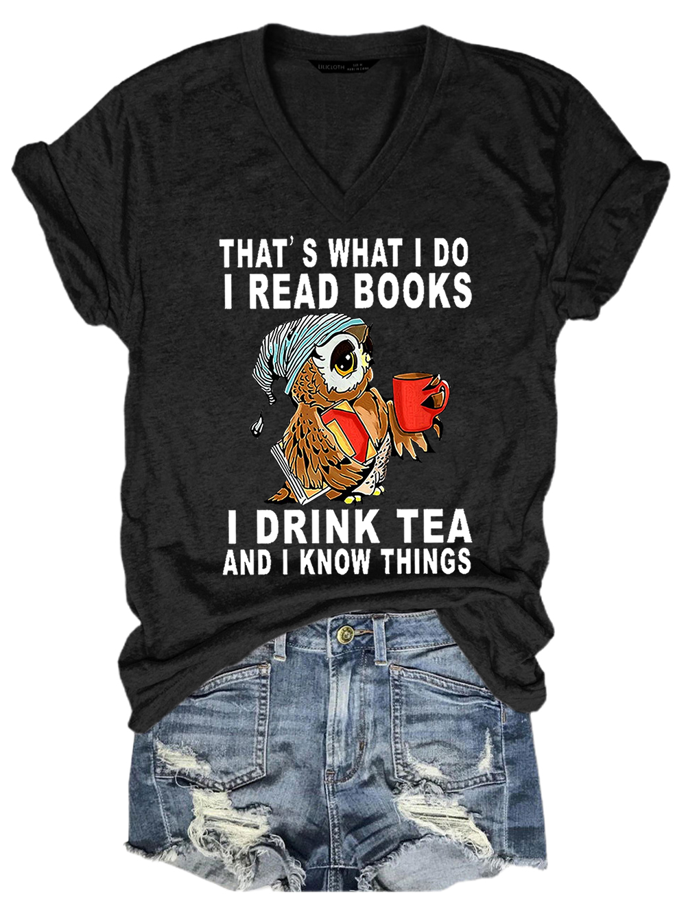 Women Owl That’s What I Do I Read Books I Drink Tea And I Know Things Vintage Cotton-Blend V Neck Animal T-Shirt