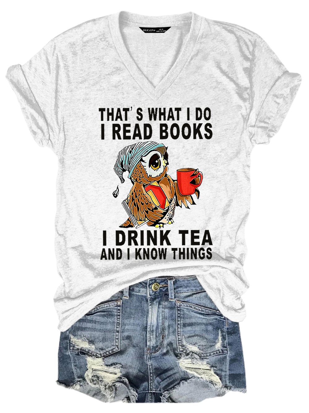 Women Owl That’s What I Do I Read Books I Drink Tea And I Know Things Vintage Cotton-Blend V Neck Animal T-Shirt