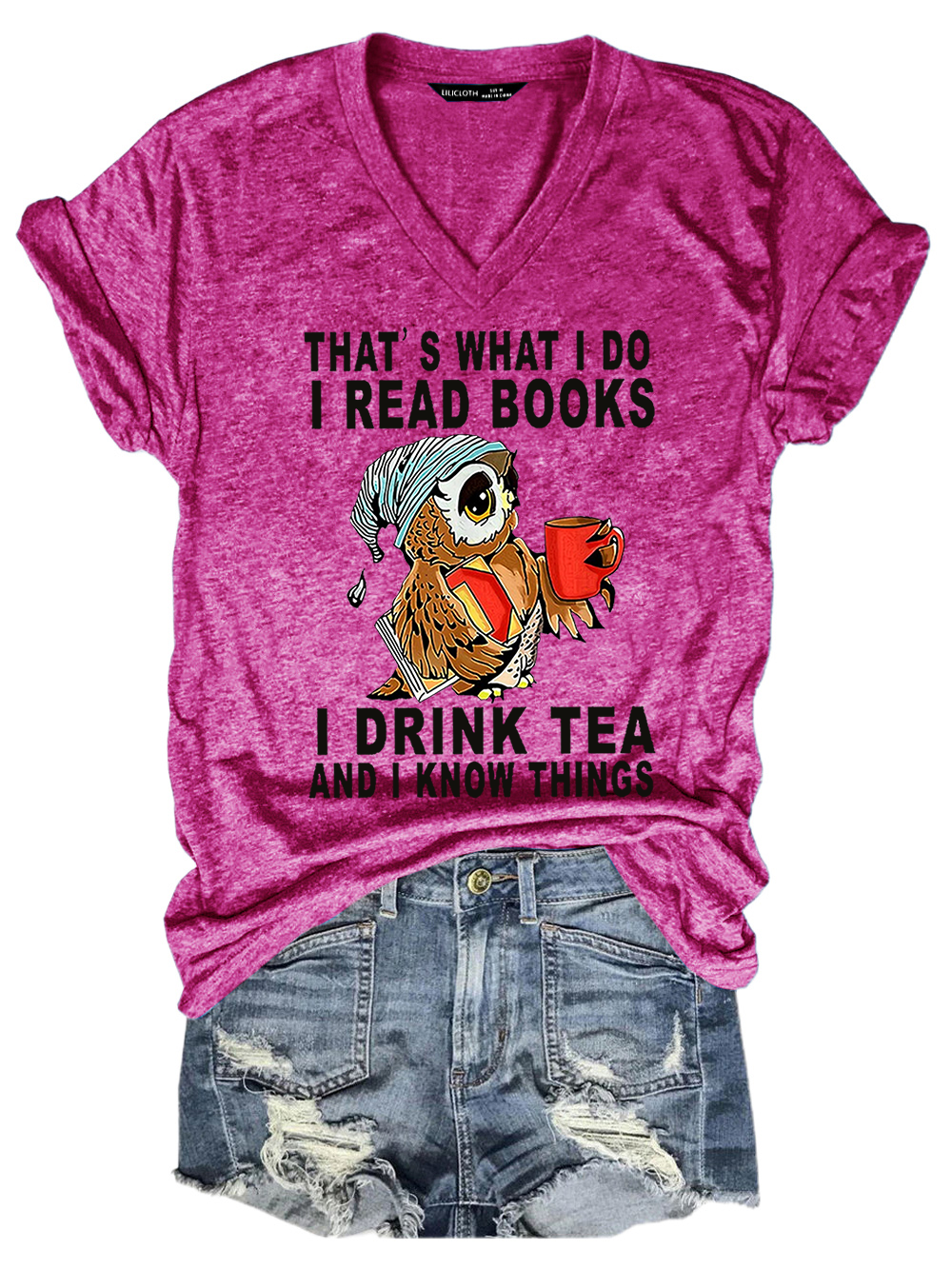 Women Owl That’s What I Do I Read Books I Drink Tea And I Know Things Vintage Cotton-Blend V Neck Animal T-Shirt