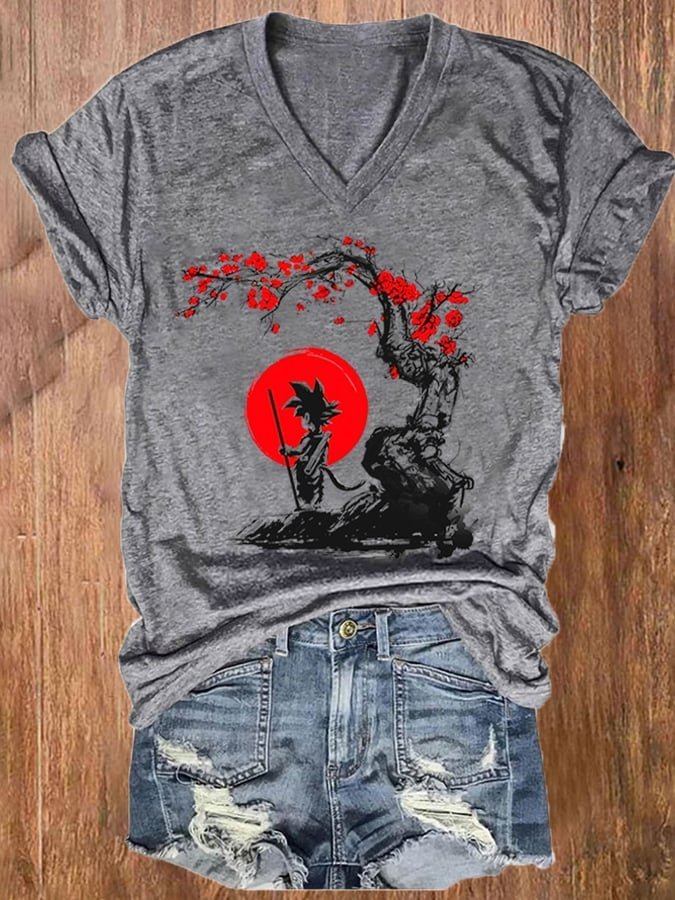 Women'S Toriyama Akira Printed Casual Text Letters Regular Fit V Neck T-Shirt