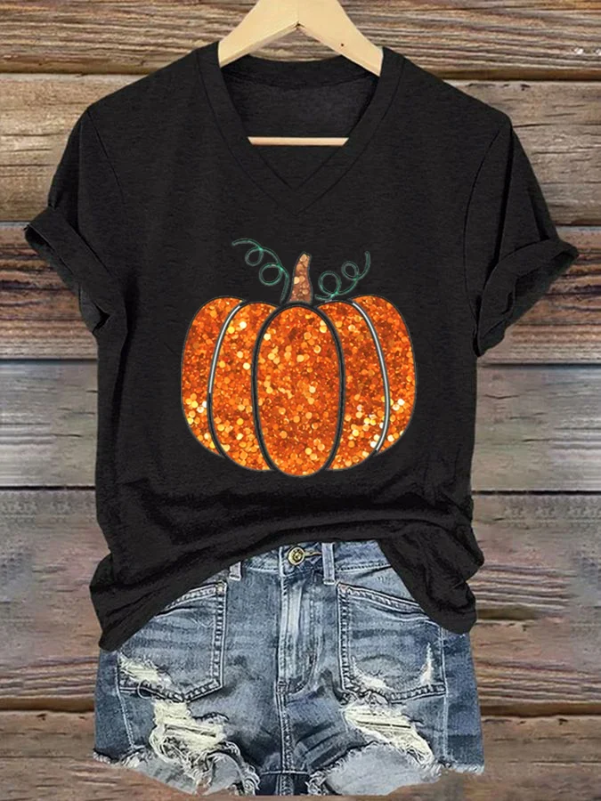 Women's Sequin Pumpkin Print Casual T-Shirt