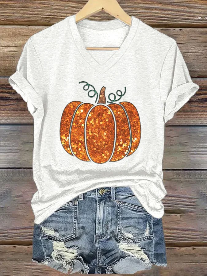 Women's Sequin Pumpkin Print Casual T-Shirt