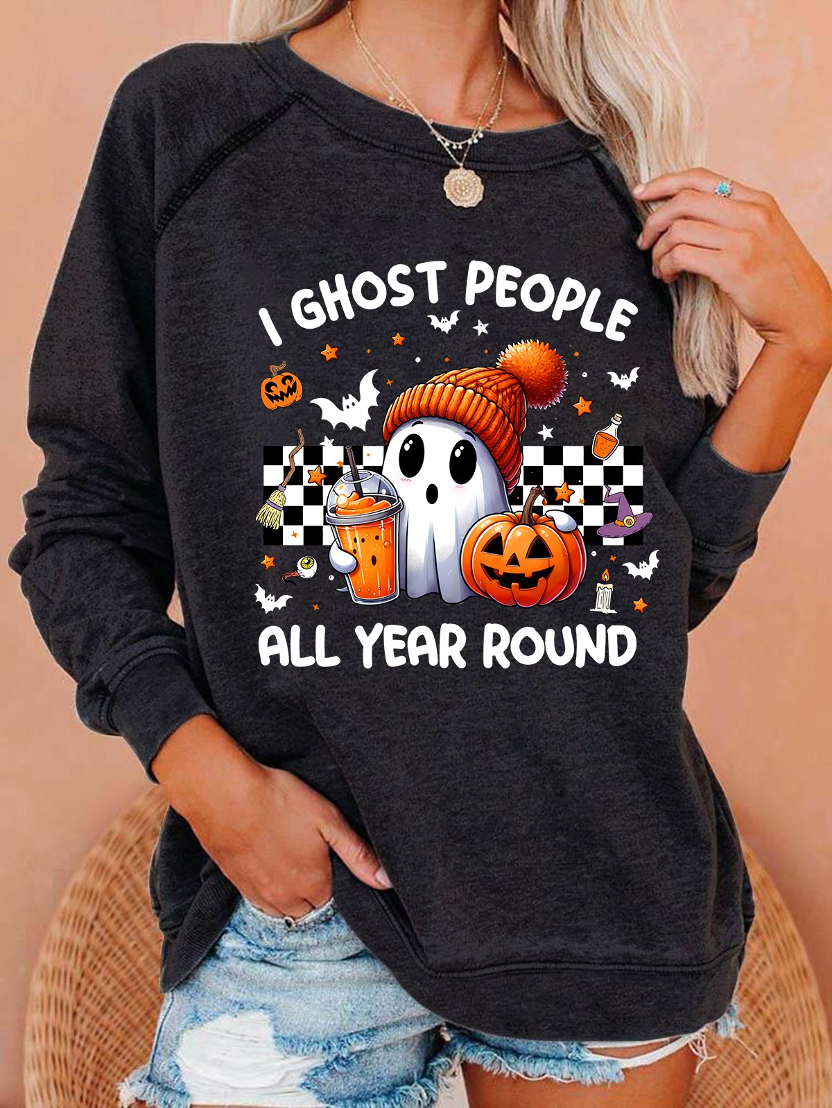 Retro I Ghost People Halloween Cute Ghost Pumpkin Casual Sweatshirt