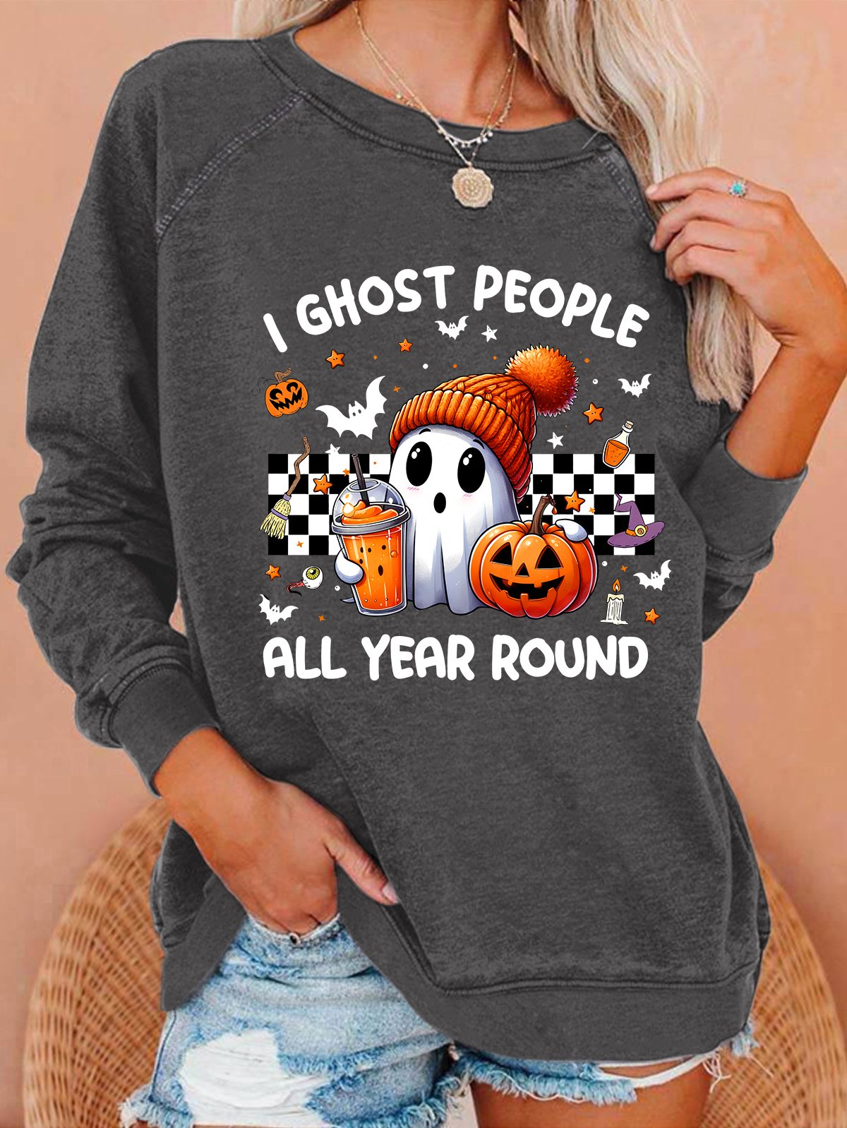 Retro I Ghost People Halloween Cute Ghost Pumpkin Casual Sweatshirt