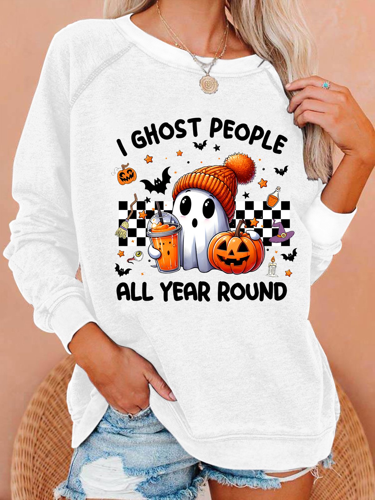 Retro I Ghost People Halloween Cute Ghost Pumpkin Casual Sweatshirt
