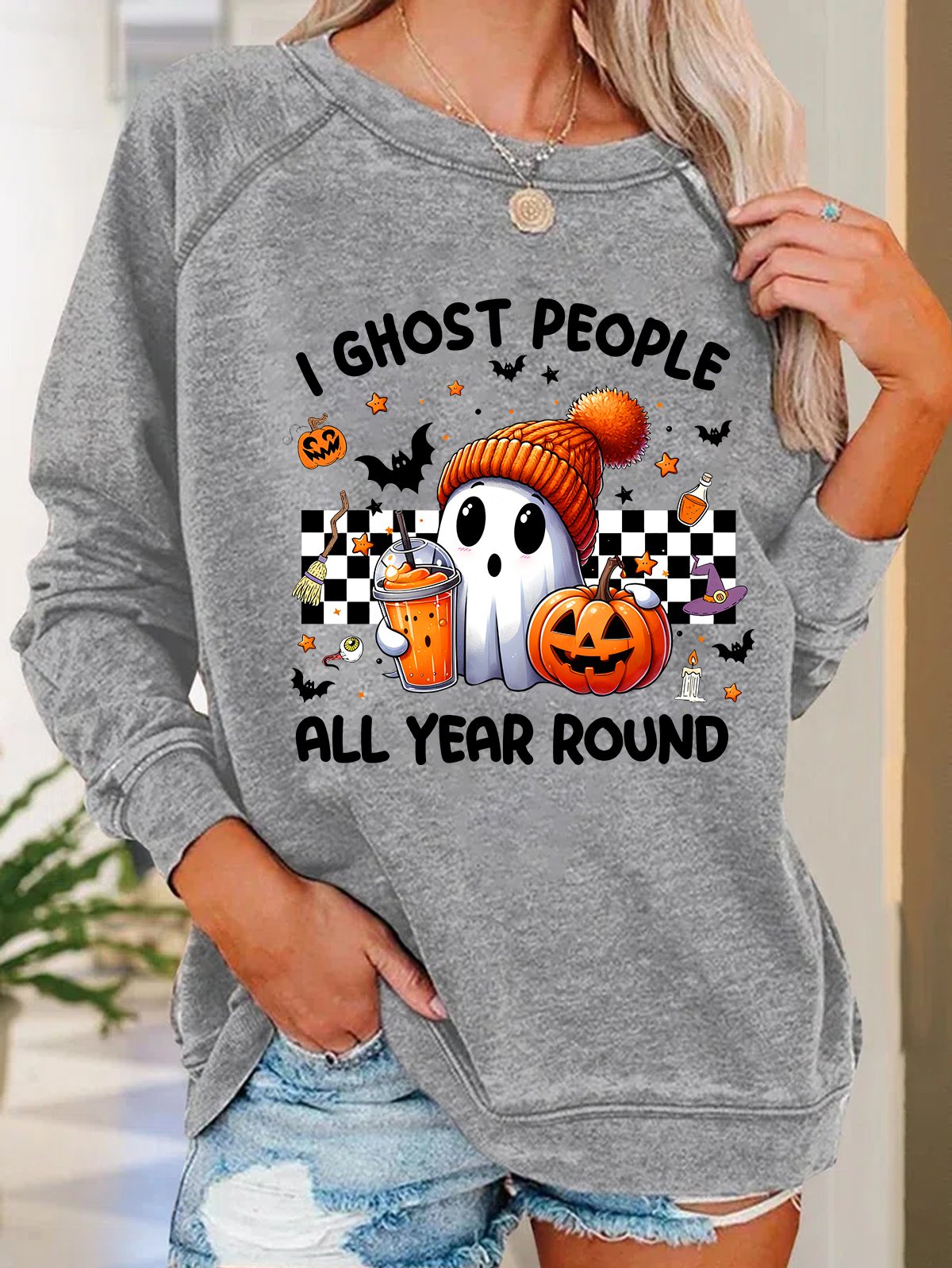 Retro I Ghost People Halloween Cute Ghost Pumpkin Casual Sweatshirt